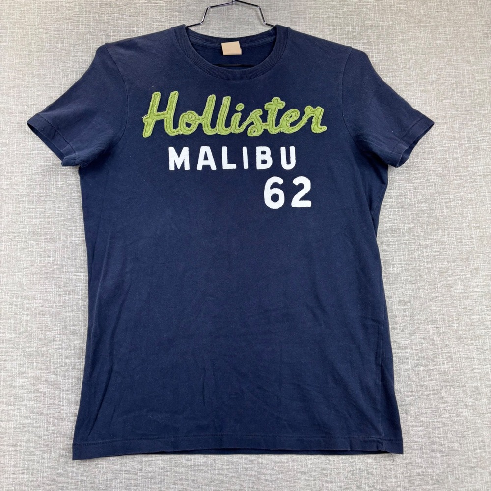 Hollister Mens Malibu 62 Graphic T-Shirt Navy Blue Green Script Size M